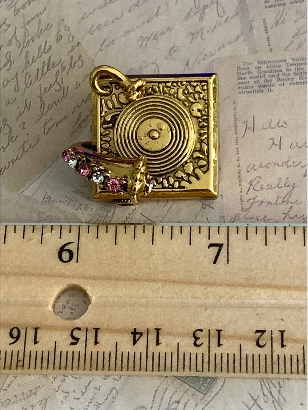 Charming Gold Tone Turntable Pin with Pink Rhinestones Retro Music Lover's Dream